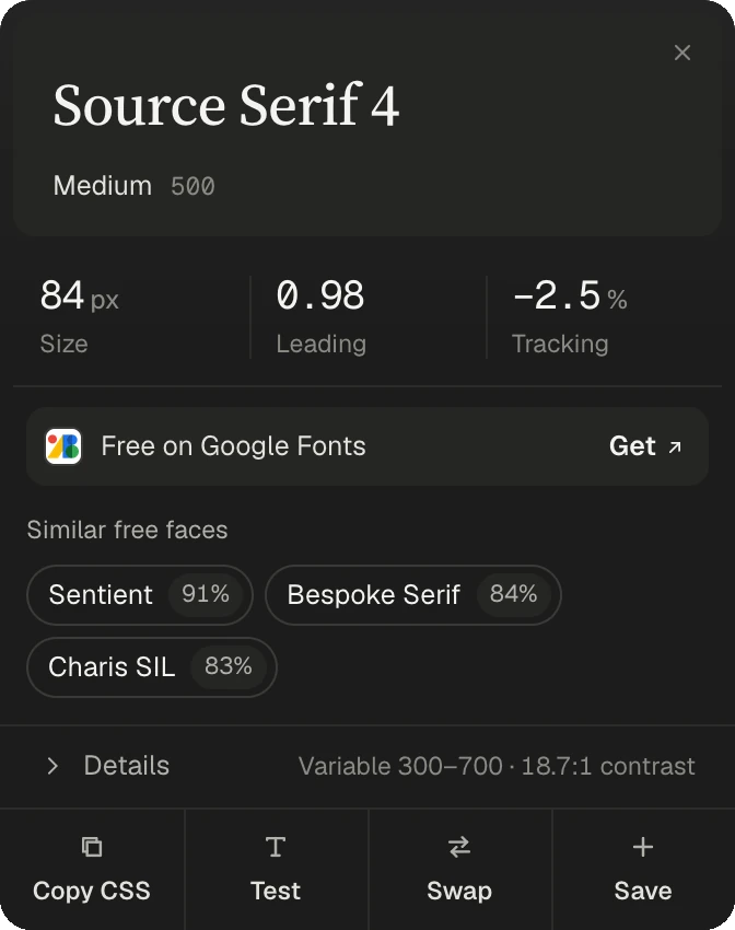 Fontsight's card naming Source Serif 4, with free look-alikes Sentient 91%, Bespoke Serif 84% and Charis SIL 83%